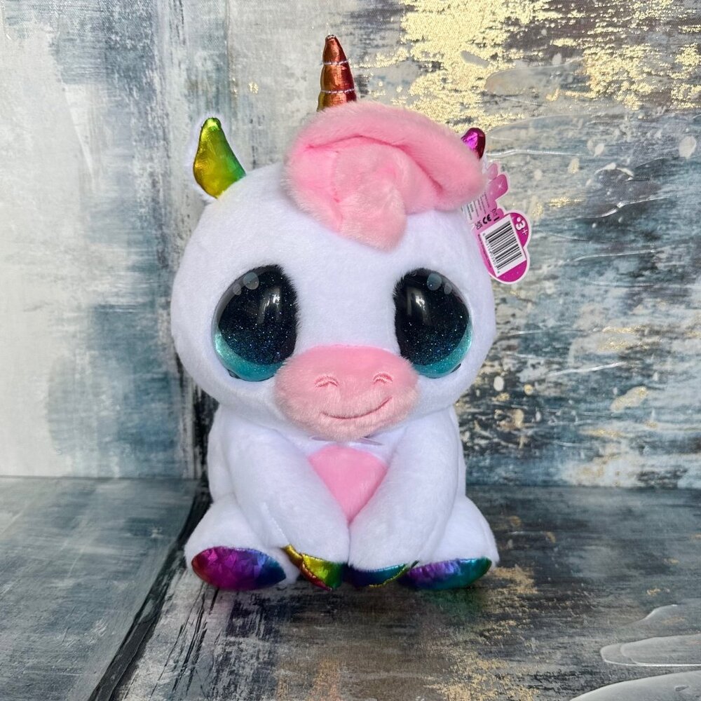White Unicorn Plush Toy Glitter Snow Globe Effect eyes